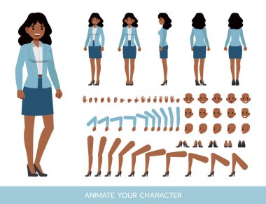 Hintli iş kadını mavi takım elbise, karakter çizimi tasarımı giyer. Kendi pozunuzu oluşturun.