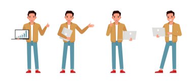 İş adamı çalışırken kahverengi ceket giyer ve dizüstü bilgisayarı yanında ofis karakter çizimi çizimi çizer..