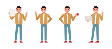 İş adamı, ofis karakteri çizim setinde çalışırken kahverengi ceket giyer. Adam iyi bir jest yapıyor, elinde kağıt, kahve fincanı ve laptop tutuyor..