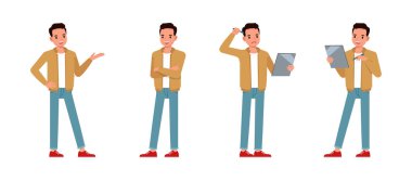 İş adamı, ofis karakteri çizim setinde çalışırken kahverengi ceket giyer. Elinde pano ve sunum tutan adam.