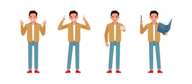 İş adamı, ofis karakteri çizim setinde çalışırken kahverengi ceket giyer. Kitap, isim kartı ve fikir sunan adam..