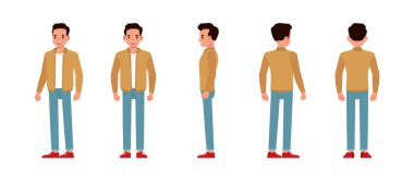 Öndeki, arkadaki ve arkadaki iş adamları kahverengi ceketli karakter çizimi tasarımı giyerler. Çeşitli eylemlerde sunum. Ofis planlama, düşünme ve ekonomik analizde çalışan insanlar. 