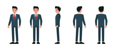 İş adamı önden, yandan ve arkadan mavi takım elbise giyer. Çeşitli eylemde sunum.