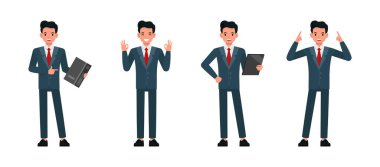 İş adamı mavi takım elbise giyer ve ofis karakter tasarım setinde çalışır. Çeşitli eylemde sunum.