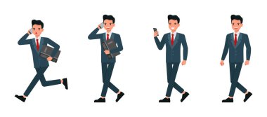 İş adamı mavi takım elbise giyer ve ofis karakter tasarım setinde çalışır. Çeşitli eylemde sunum.