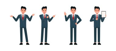 İş adamı mavi takım elbise giyer ve ofis karakter tasarım setinde çalışır. Çeşitli eylemde sunum.