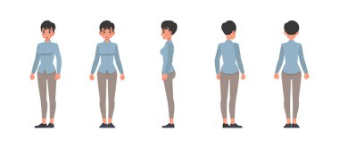 İş kadını ön, yan ve arka görünüm mavi gömlek karakter tasarım seti giyer. Çeşitli eylemde sunum.