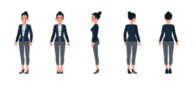 İş kadını önden, yandan ve arkadan koyu mavi takım elbise giyiyor. Karakter tasarımı seti. Çeşitli eylemde sunum.