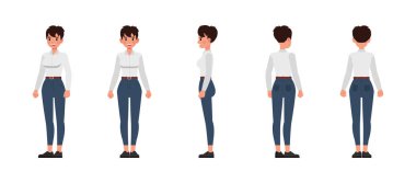 İş kadını önden, yandan ve arkadan görünüşü beyaz gömlekli karakter çizimi seti. Çeşitli eylemde sunum.