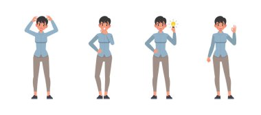 İş kadını çeşitli aksiyon karakteri tasarım setinde çalışıyor ve sunum yapıyor. Kadın mavi gömlek giyiyor..