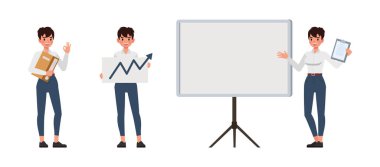 İş kadını çeşitli aksiyon karakteri tasarım setinde çalışıyor ve sunum yapıyor. Kadın beyaz gömlek giyiyor..