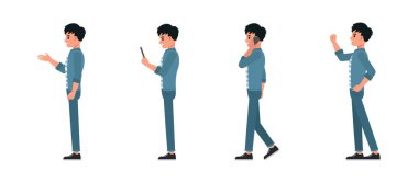 İş adamı yan görünüşü, kot pantolon giyme, karakter seti. Cep telefonuyla konuşan, gururlu ve konuşan bir adam. Vektör illüstrasyon tasarımı.