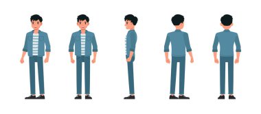 İş adamı önü, yan ve arka görünüm kot pantolon giyin karakter vektör çizimi seti.