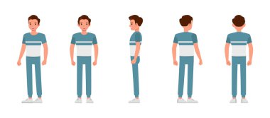 Öndeki, arkadaki ve arkadaki adamlar mavi ve beyaz tişört giyiyorlar. Karakter çizimi tasarımı. Çeşitli eylemde sunum.