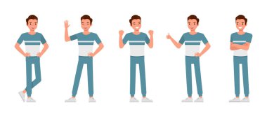 Erkekler mavi ve beyaz tişört giyiyorlar. Karakter tasarım seti. Erkekler olumlu duygularını ifade eder mutluluk, gurur, neşe, cesaret.