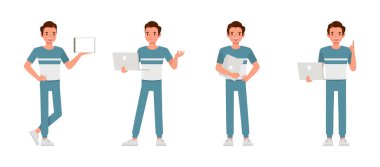 Erkekler dizüstü bilgisayar ve tablet karakter çizimi için mavi ve beyaz tişört giyerler..