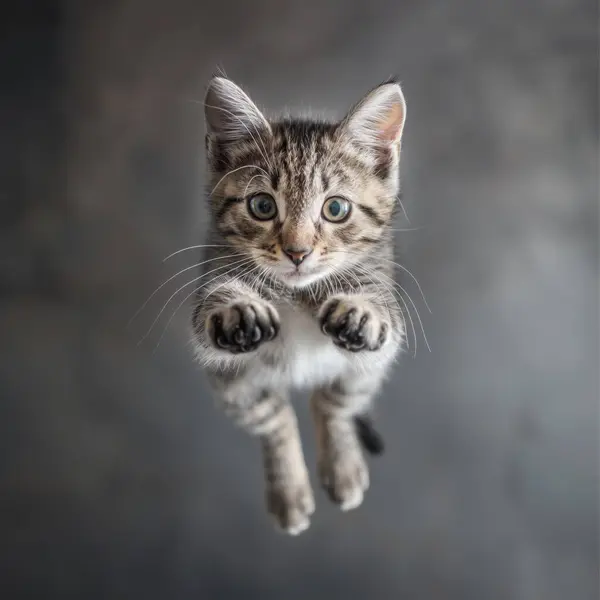 funny cat flying. photo of a playful tabby cat jumping mid-air looking at camera.
