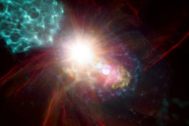 Siyah arka planda soyut taklit güneş ışığı uzaktaki galaksiyi aydınlatır. - Resim