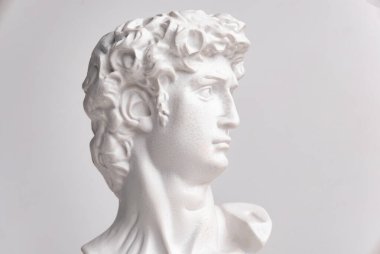 Heykel. İzole edilmiş beyaz bir arkaplanda. David 'in kafasının alçıtaşı heykeli. Erkek.
