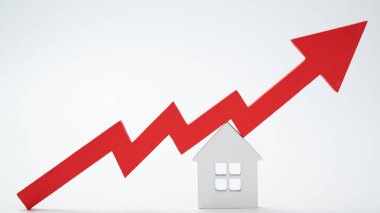 Kırmızı bir ok ve ev. Artan gayrimenkul fiyatları kavramı