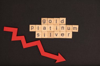 Kelime altın, gümüş, platin tahta harflerle oynanan oyun ve siyah okulun kara tahtasındaki okla birleştirilmiş. Değerli metaller için düşen fiyatlar kavramı
