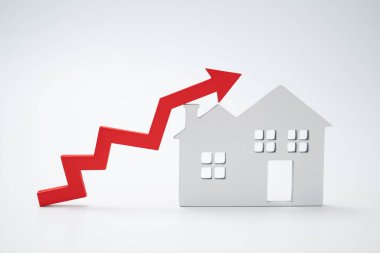 Kırmızı bir ok ve ev. Artan gayrimenkul fiyatları kavramı