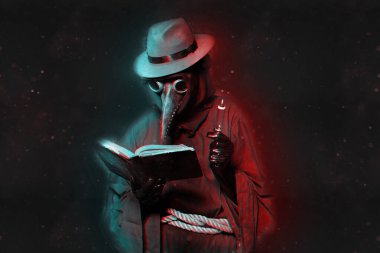 Veba doktoru karanlık bir arka planda bir kitap ve şırınga ile