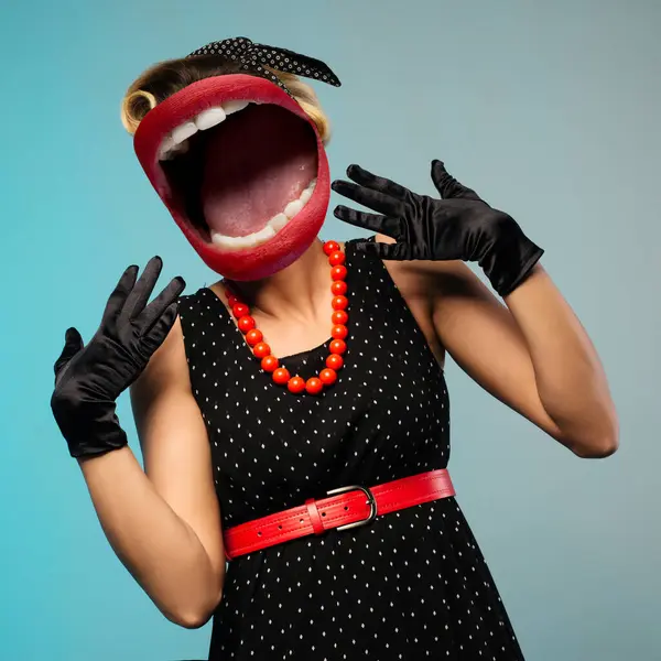 stock image Collage of open mouth instead of a woman's head dressed in pin-up style. Model posing in retro fashion and vintage concept studio shoot.