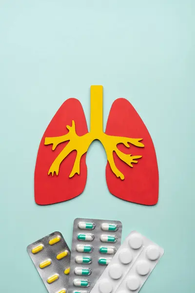 stock image lungs and a pils on a blue background. concept of respiratory disease, pneumonia, tuberculosis, bronchitis, asthma, lung abscess