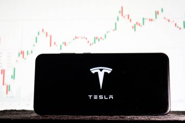 Tula, Rusya - 10 Ağustos 2020: Borsa eğilimlerinin arka planına karşı akıllı telefon üzerindeki logo Tesla.