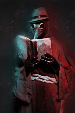 Veba doktoru gibi giyinmiş bir adam eski bir kitap okuyor. Cadılar bayramı