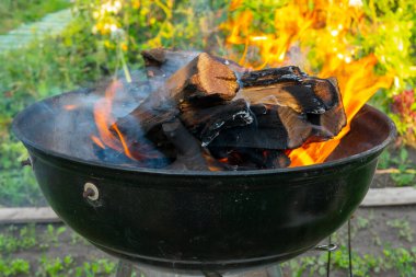 Portatif bir barbekü merkezinde küçük odun parçaları üzerinde yanan odun kütükleri ile taze yakılmış barbekü ateşi.