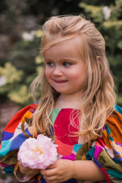 Retrato Menina Pequena Criança Jardim Rosas Florescendo Bonito — Fotografia de Stock