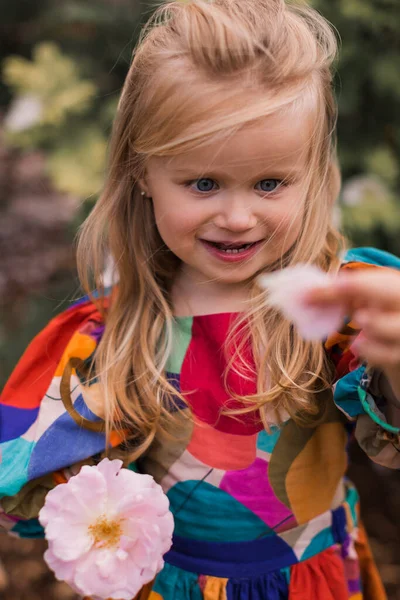 Портрет Маленькой Девочки Цветущем Розовом Саду Симпатичный — стоковое фото