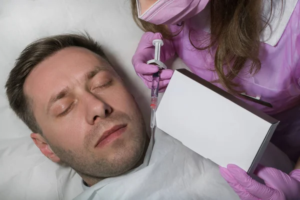 Anonymous Female Beautician Giving Male Patient Botox Injection Forehead Aging — Stock Photo, Image