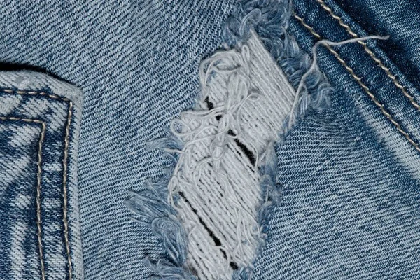 Torn Blue Denim Clothing Pocket Seams Stitching Flat Lay Worn — Stock Photo, Image