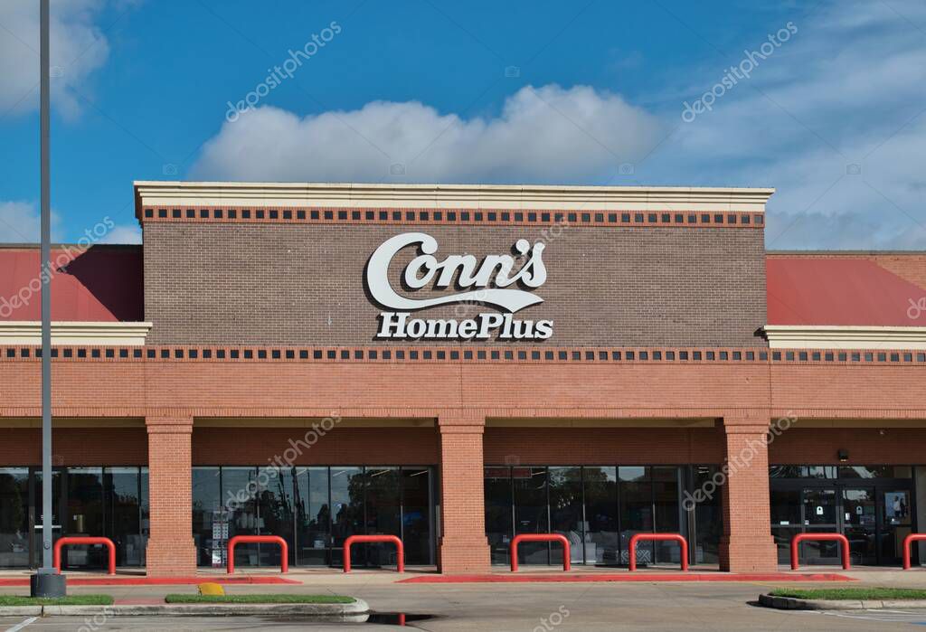 Houston, Texas USA 09-24-2023: Conn's Home Plus building storefront exterior in Houston, TX. Housewares retail chain founded in Texas 1934.