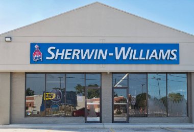Houston, Teksas ABD 09-24-2023: Sherwin-Williams Paints iş vitrini Houston, TX. Küresel boya üretim ve dağıtım zinciri.