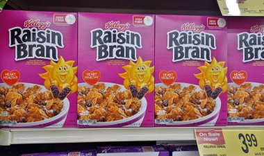 Houston, Teksas ABD 05-12-2024: Kelloggs Raisin Bran mısır gevreği kutuları süpermarket rafı.