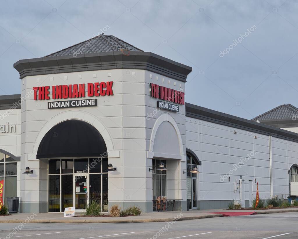 Houston, Texas USA 03-02-2025: The Indian Deck restaurant storefront and parking lot.