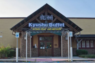 Houston, Texas USA 06-08-2025: Kyushu Buffet Japanese restaurant sushi bar business exterior.
