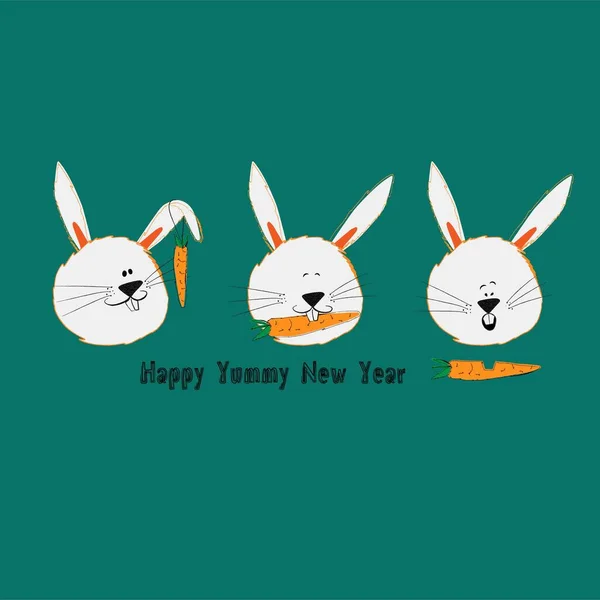 Srandovní Humornými Zajíčky Mrkví Přeje Báječný Šťastný Nový Rok — Stockový vektor