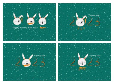Selamlama vektörü yazıtları. Mutlu yıllar 2023. Isırılmış havuçlu komik bir tavşanla.