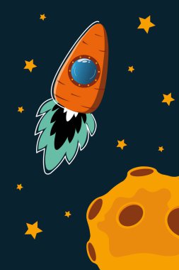 Aydaki tavşan astronot, Havuç Roketi 'ndeki yıldızlarla vejetaryen uzay vektör çizimi. Dünya dışı kurgusal çocuksu geçmiş, tebrik kartı, duvar kağıdı.