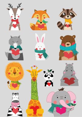 Valentines day cute animals set with deer, fox, raccoon, wolf, rabbit, bear, lyon, giraffe, panda, hypopotamus, zebra, elephant. Childish print for cards, stickers, apparel and nursery decoration clipart