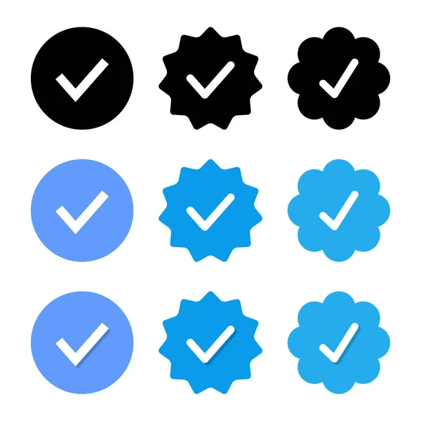 Mavi onaylı rozet ikonu vektörü. Sosyal medya profilinin tik, işaretleme işareti sembolü