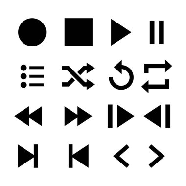 Müzik çalar uygulamasının simge seti. Çal, dur, duraklat, sonraki, önceki, karıştır, tekrarla, vs.