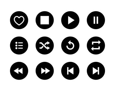 Play, stop, pause, shuffle, repeat, previous, next, favorite, and list. Icon set collection of music app