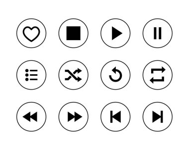 Icon set collection of music app. Play, stop, pause, shuffle, repeat, previous, next, favorite, and list