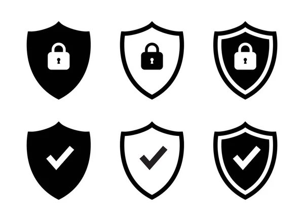 Safeguard Schutzschild Symbol Vektor Sicherheitszeichen Mit Häkchen Und Vorhängeschloss Symbol — Stockvektor